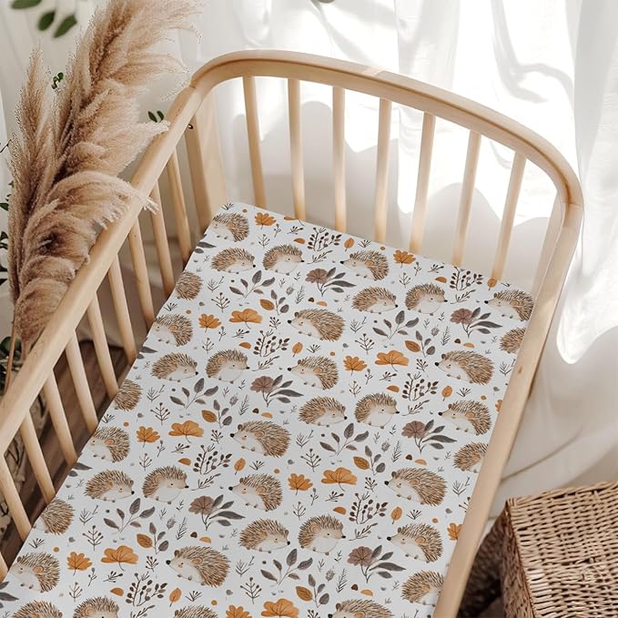Watercolor Hedgehog Leaves Baby Crib Sheets for Boy Girl 52x28Inch Cute Hedgehogs Soft Stretchy Fitted Crib Mattress Cover Animals Baby Sheet for Standard Crib and Toddler Mattresses