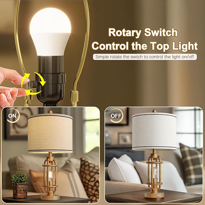 G-SAFAVA 23.75'' Table Lamps Set of 2 for Living Room Bedroom Industrial Farmhouse Metal Touch Lamps with USB A+C Ports, Night Light Vintage Nightstand Bedside Lamp, Bulbs Included, Antique Gold