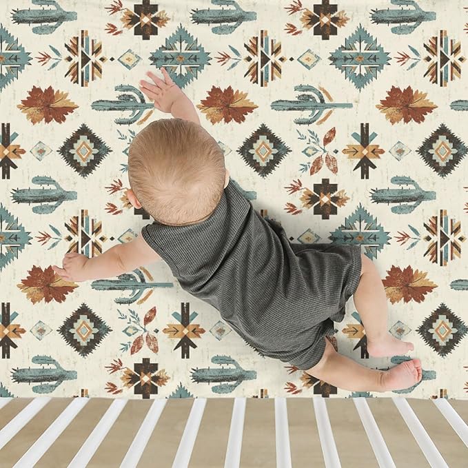 Tribal Cactus Totem Baby Crib Sheets for Boy Girl 28"x52" Vintage Cactus Soft Stretchy Fitted Crib Mattress Covers Western Cactus Nursery Baby Sheets for Standard Crib and Toddler Bed Mattress