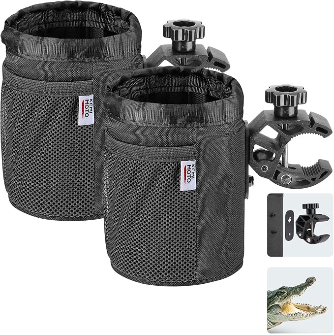 KEMIMOTO Motorcycle Cup Holder, Oxford Fabric Motorcycle Drink Holder with 0.6"-1.5" Alligator Clamp, Universal Water Bottle Cup Accessories for Bike, ATV/UTV, Scooter, Boat, Walker, Black