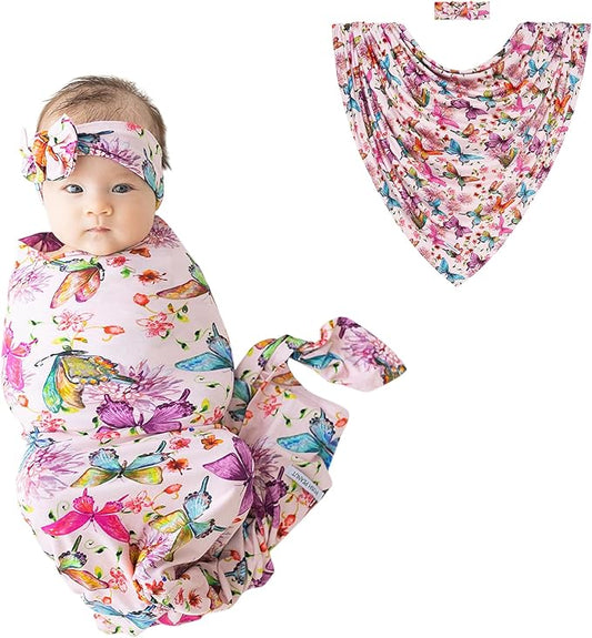 Posh Peanut Swaddle Blanket & Headband Set – Viscose from Bamboo Stretchy Baby Swaddle for Newborn Girls, Receiving Blanket or Nursing Cover (Watercolor Butterfly)