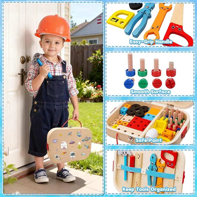 Kids Tool Set Toy for Boys - Educational Montessori Wooden Toddler Play Tool Box with Electric Drill - 59 Pcs STEM Construction Building Toys Christmas Birthday Gifts for 3 4 5 6 Year Old Boys Girls