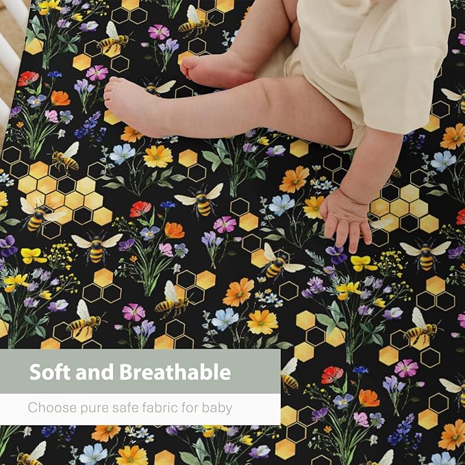 Boho Wildflower Bees Honeycomb Baby Crib Sheets for Boy Girl 52x28Inch Watercolor Honeybee Floral Soft Snug Fitted Crib Mattress Cover Summer Baby Sheet for Standard Crib and Toddler Bed Mattress