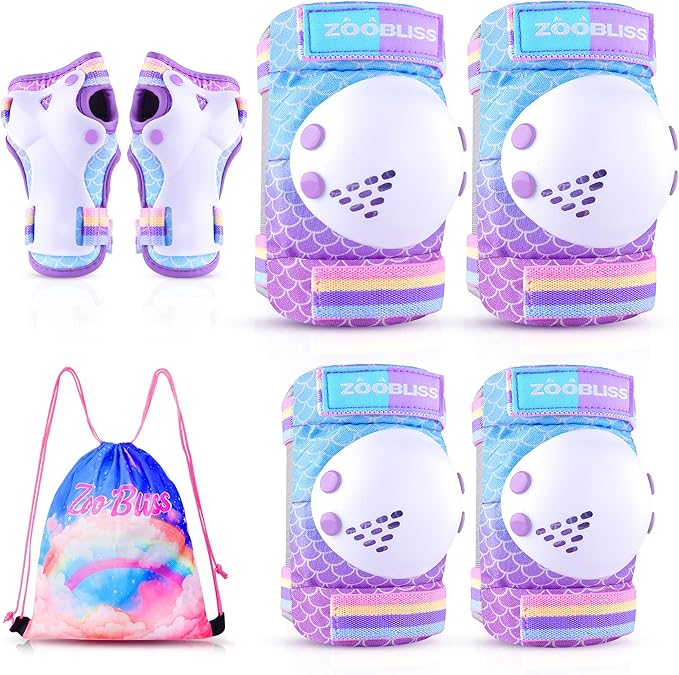 Knee Pads for Kids - ZOOBLISS Toddler Knee and Elbow Pads Set Wrist Guards for Skating Girls Aged 3-12, Kids Protective Gear for Roller Skates Skateboard Bike Scooter, Included Drawstring Bag(Rainbow)