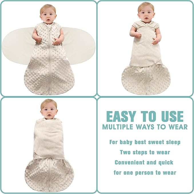 Newborn Sleep Sack Baby Swaddle,0-12 Months,3-Way Adjustable Wearable Blanket,Swaddling Sleeping Bag (Beige & Grass green, 6-12 Months)