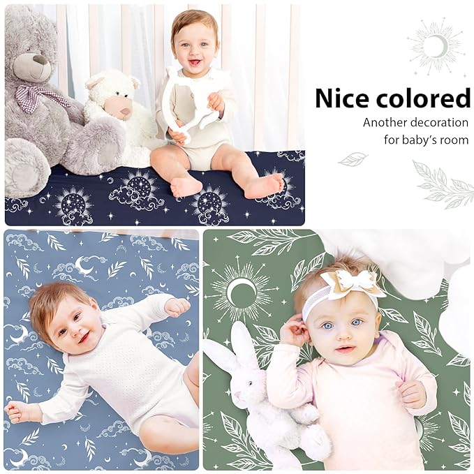 Baby Crib Sheets for Boys and Girls, 3 Pack Fitted Toddler Bed Sheets Neutral for 52”x28” Standard Crib and Toddler Mattresses, Super Soft Microfiber Green Starry Sky
