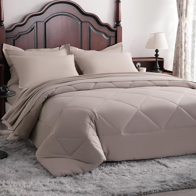 NTBAY Queen Comforter Set with Sheets, 7 Pieces Soft and Breathable Queen Bedding Set, Bed in a Bag, Down Alternative Comforter Set Solid Color All Season, Queen Bedding Set, Taupe