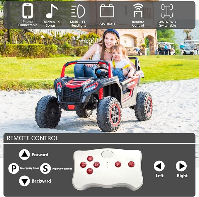 POSTACK 24V Side by Side 2 Seater Ride On Electric Vehicle Car with Parents Remote Control for Kids 4 Wheels Drive Battery Powered UTV Truck Car for Girls Boys with EVA Rubber Compound Tires, Red