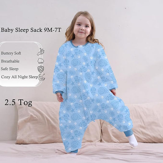 Toddler Sleep Sacks,Winter Long Sleeve Sleeping Sack 2.5Tog, Toddler Sleep Sack with Feet, Baby Sleep Bag Winter, Wearable Blanket with Legs for Early Walkers(Blue Ocean,2T-3T)