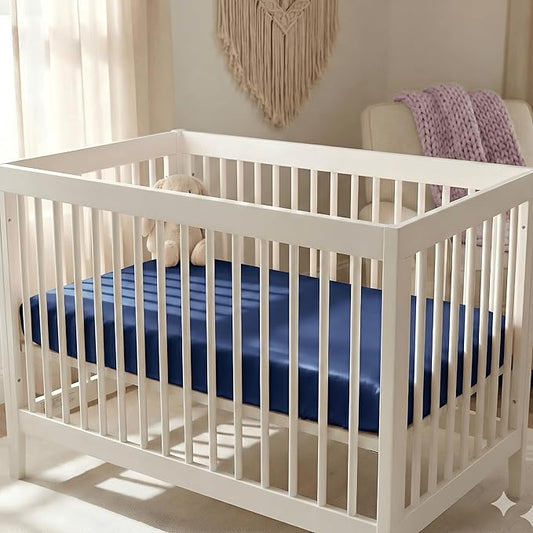 Pro Goleem Satin Mini Crib Sheets 2 Pack, Blue & Black Silky Soft Fitted Sheet for Baby Hair Protection, 38"x24"x5" Breathable Mattress Cover Compatible with Pack n Play & Portable Crib