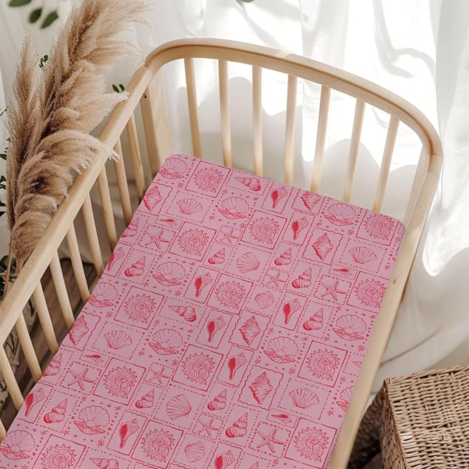 Pink Seashells Baby Crib Sheets for Boy Girl 52"x28" Boho Beach Conch Soft Stretchy Fitted Crib Mattress Covers Pastel Summer Coastal Nursery Baby Sheet for Standard Crib & Toddler Mattress Pad