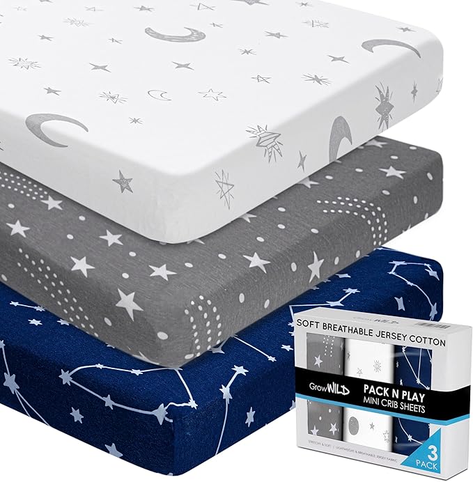 GROW WILD Pack n Play, Mini Crib Sheets 3-Pack | Soft Jersey Sheet Set for Boys or Girls | Playard Mattress, Pack and Play Sheets Fitted | Portable Bassinet Sheet - Stars & Moon Nursery Bedding