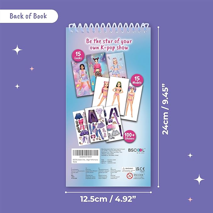 BSCOOL Sticker Dress up K-Pop - Sticker Activity Book for Kids. Learn Girls Fashion Design with Stickers and Guides for Kids 5 and up. Little Designer Creativity Book. K-Pop Singer Performance