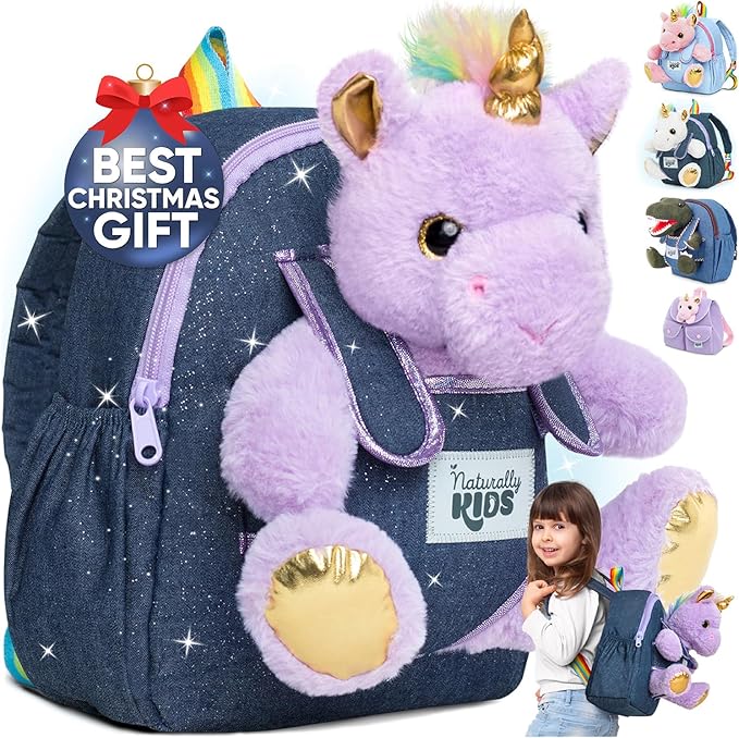 Naturally KIDS 【Upgraded】 Toddler Backpack w Removable Purple Unicorn Toy for Girls Age 2-6 | Side&Inner Pockets, Reflective Logo, Sparkling Material | Christmas Gift for 4 year old Girl