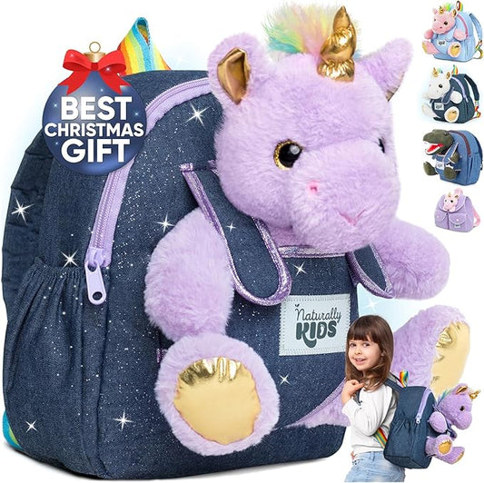 Naturally KIDS 【Upgraded】 Toddler Backpack w Removable Purple Unicorn Toy for Girls Age 2-6 | Side&Inner Pockets, Reflective Logo, Sparkling Material | Christmas Gift for 4 year old Girl