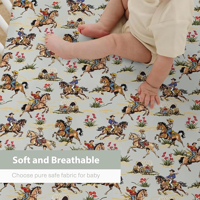 Vintage Cowboy Floral Baby Crib Sheets for Boy Girl 52x28Inch Western Cowboy Horse Soft Stretchy Fitted Crib Mattress Cover Wild West Desert Baby Sheet for Standard Crib & Toddler Bed Mattresses
