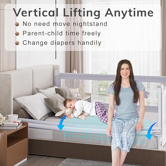 omzer 3-Piece Bed Rails for Queen Bed - Height Adjustable Bed Rail for Toddlers with Double Child Lock, Bed Rail for Baby Kids with Pattern, Infants Toddler Bed Gate for Queen Size Bed, 78.7x78.7x59”