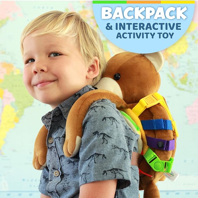 Buckle Toys Bear Backpack - Toddler Backpack & Stuffed Animal Learning Activity – Develops Fine Motor & Basic Life Skills – Soft Plush Kids Travel Toy - Billy Bear
