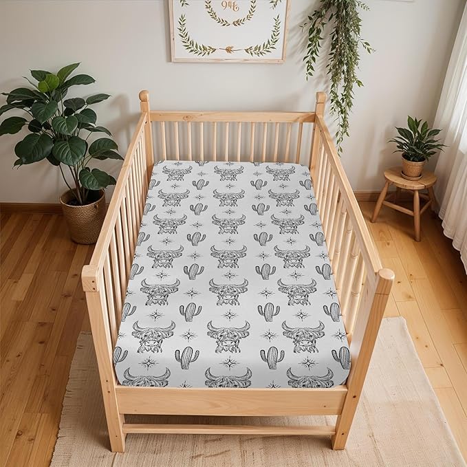 Boho Western Cow Cactus Baby Crib Sheets for Boy Girl 52x28Inch Black and White Highland Yak Soft Stretchy Fitted Crib Mattress Cover Wild West Animal Baby Sheet for Crib and Toddler Bed Mattresses