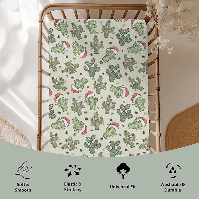 Christmas Cactus Santa Hat Baby Crib Sheets for Boy Girl 52x28Inch Green Cactus Balls Snowflakes Soft Snug Fitted Crib Mattress Cover West Desert Plant Baby Sheet for Standard Crib & Toddler Mattress