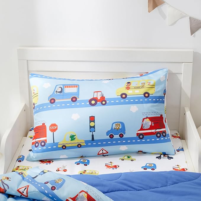 PINNKKU 4-Piece Toddler Bedding Set, Includes 1 Flat Sheet, 1 Fitted Sheet, 1 Comforter and 1 Reversible Pillowcase, Standard Toddler Comforter & Sheet Set, Ultra Soft Toddler Bed Set, Cars & Road