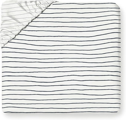 MakeMake Organics Organic Full Fitted Sheet Set GOTS Certified Organic Cotton Fitted Sheet with Pillowcase Ultra Soft Non Toxic Breathable Hypoallergenic Blue Stripes Neutral (Full, Stripes Navy)