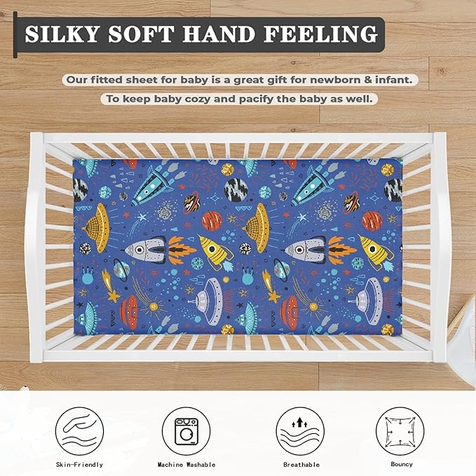 Cartoon Rockets Planets Stars Comets and UFOs Fitted Crib Sheet Astronaut Space Galaxy Baby Crib Sheet Fit Standard Crib and Toddler Mattress,Crib Mattress Sheets for Boys Girls 28"x52"