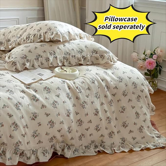 BuLuTu Chic Shabby Vintage Floral Duvet Cover Twin for Kids Girls Boys 100% Cotton Muslin Ruffled Quilt Cover Twin Comforter, 68"x86", Soft Breathable, Zipper Closure, No Pillowcase