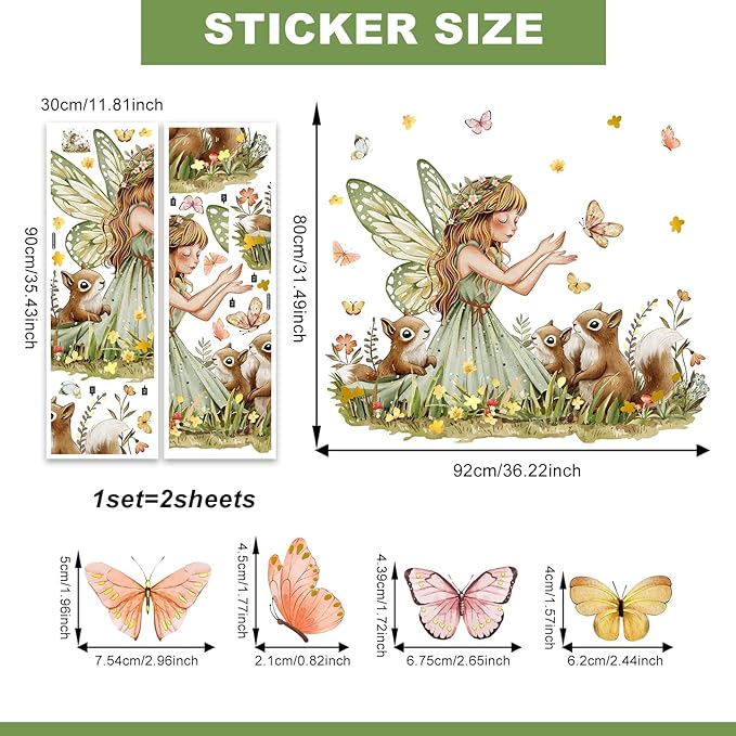Forest Fairy Squirrel Wall Stickers Wildflower Butterflies Reusable Peel and Stick Wall Clings for Nursery Kids Room Bedroom Home Decor
