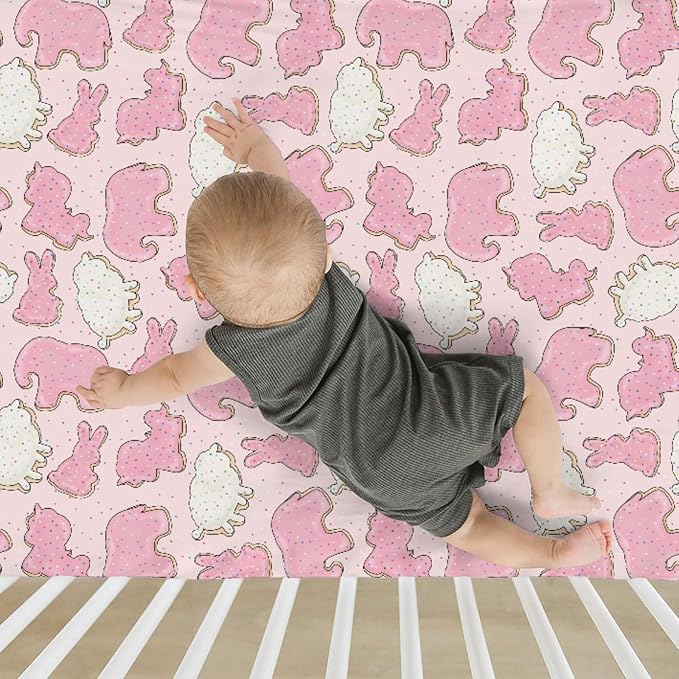 Pink Animal Cookie Baby Crib Sheets for Boy Girl 52"x28" Cute Frosted Animal Cookie Soft Snug Fitted Crib Mattress Cover Circus Animal Biscuits Baby Sheet for Standard Crib & Toddler Bed Mattress