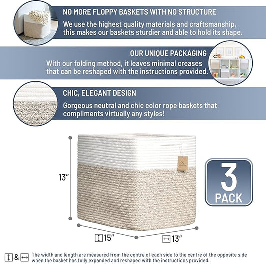 NaturalCozy 13x15x13 Kallax Storage Cubes Bins, 3 Pack | Cotton Rope Cube Storage Bin Woven Baskets for Organizing | Kallax Insert Storage Baskets for Shelves Organizer, Kids Toy, Closet Baby Nursery