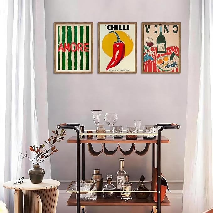 Framed Kitchen Wall Art Set of 3, Abstract Table Food Kitchen Wall Decor, Chilli Pictures Prints Artwork, Vintage Dining Room Canvas Painting, Modern Kitchen Home Decoration – 12x16 inch