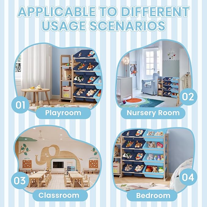 Toy Storage Organizer - Toy Organizers and Storage with Bookshelf, Toy Storage Shelf with 3 Shelves and 12 Storage Bins, Kids Bookshelf and Toy Storage for Kids Room, Playroom, Bedroom, Nursery, Blue