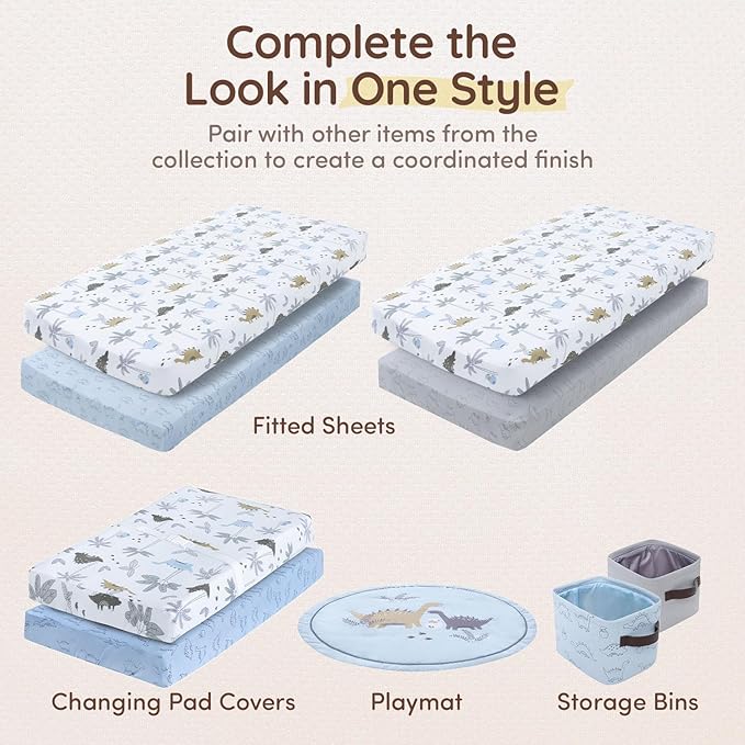 Baby Dinosaur Crib Sheets for Boys & Girls Toddler Bed Sheets Cotton Fitted Crib Sheet Neutral Sets 28"x52", 8" Deep Pocket, Baby Mattress Sheet 2Pack 100% Cotton, Designed in France, Grey-White