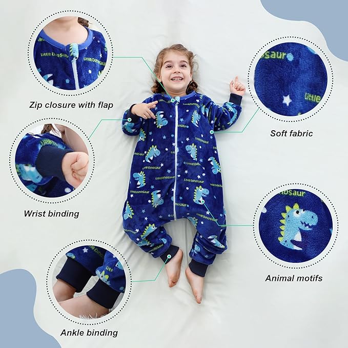 MICHLEY Toddler Flannel Sleeping Sack with Feet,Long Sleeve Baby Sleeping Bag 3-Way Zipper Super Warm Wearable Blankets