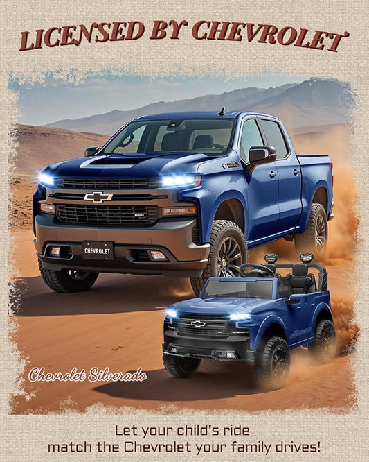 First Ride On 24V 2 Seater Ride on Toys Licensed Chevrolet Silverado, Electric Vehicle with Remote Control and Seat Belts, Electric Ride On Truck wtih Trunk, Bluetooth and LED Lights (Blue)