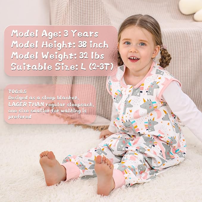 WONDAY Toddler Sleep Sack with Feet, 0.5 Tog Sleeping Sacks for Walking with Legs 3-5T 4T 5T