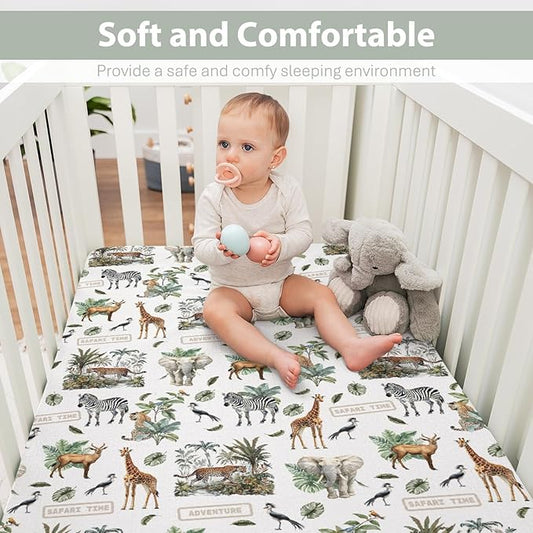 Safari Animal Adventure Baby Crib Sheets for Boy Girl 52x28 Elephant Leopard Giraffe Zebra Tropical Leaves Soft Snug Fitted Crib Mattress Cover African Baby Sheet for Standard Crib & Toddler Mattress