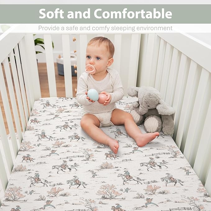 Vintage Cowboy Baby Crib Sheets for Boy Girl 52"x28" Retro Western Cowboy Horse Soft Stretchy Fitted Crib Mattress Cover Wild Desert Baby Sheet for Standard Crib & Toddler Mattress Pad