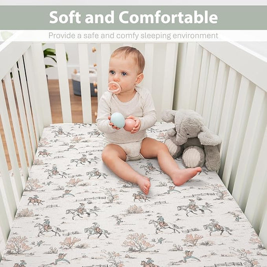 Vintage Cowboy Baby Crib Sheets for Boy Girl 52"x28" Retro Western Cowboy Horse Soft Stretchy Fitted Crib Mattress Cover Wild Desert Baby Sheet for Standard Crib & Toddler Mattress Pad