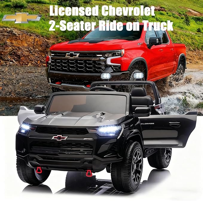 POSTACK Official License Chevrolet 24V 7Ah Big Battery Powered Kids Ride On Toy Car 2-Seater Truck with Remote Control,LED Bright Lights and Music Play Children Gifts for Boys and Girls Black
