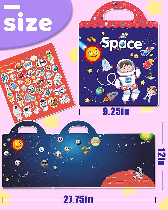 Benresive Reusable Sticker Books for Toddlers, Fun Travel Stickers for Kids, Toddler Sticker Book, Crafts Activities for Toddlers, 3 and Up Birthady Gifts - Space
