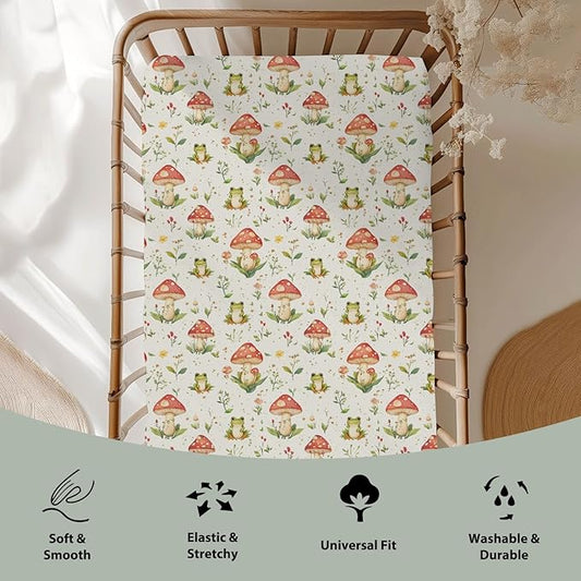 Green Frogs Mushroom Baby Crib Sheets for Boy Girl 52x28Inch Fairytale Frogs Soft Stretchy Fitted Crib Mattress Cover Baby Sheet Fits Crib and Toddler Bed Mattresses