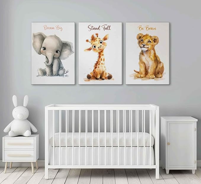 3 Pcs Safari Nursery Canvas Wall Art Kids Cute Inspirational Animal Lion Giraffe Elephant Painting Picture Wall Decor Poster Print Artwork for Baby Boys and Girls Room Home Decoration