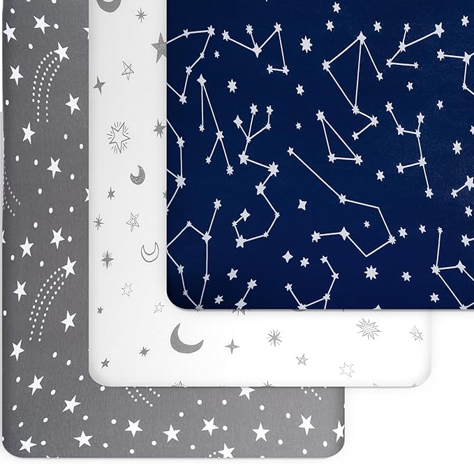 GROW WILD Pack n Play, Mini Crib Sheets 3-Pack | Soft Jersey Sheet Set for Boys or Girls | Playard Mattress, Pack and Play Sheets Fitted | Portable Bassinet Sheet - Stars & Moon Nursery Bedding