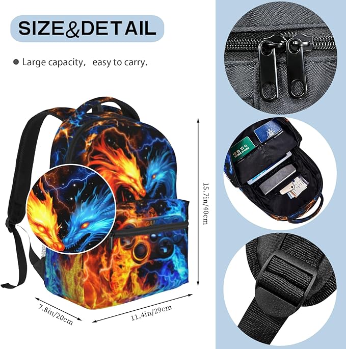 Nebcog School Backpack for Boys Dragon Gamer Boys Backpack for Kids Children Elementary Middle School Video Game Bookbag Backpacks for 6-18 Waterproof Lightweight 17 Inches Travel Back Pack