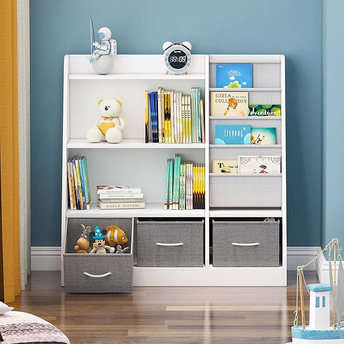 HedoAjim White Kids Bookshelf Wood Toy Storage Organizer Cabinet Children Bookcase Toddler Baby Sling Book Rack 3 Cube Bins Fabric Drawers for Playroom Bedroom Nursery School