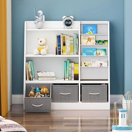 HedoAjim White Kids Bookshelf Wood Toy Storage Organizer Cabinet Children Bookcase Toddler Baby Sling Book Rack 3 Cube Bins Fabric Drawers for Playroom Bedroom Nursery School