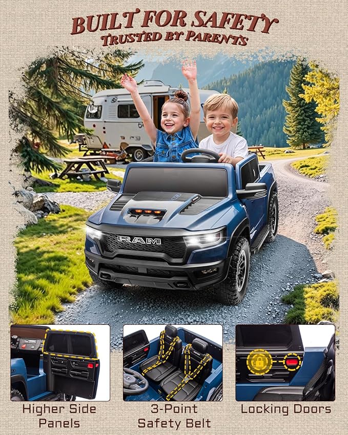 First Ride On 24V Ride On Toys for Big Kids, RAM 1500 2 Seater Ride on Car w/Remote, Battery Powered Truck w/ 4 Wheels Suspension, Toddler Car w/Bluetooth, LED Lights, Trunk & High Doors (DarkBlue)
