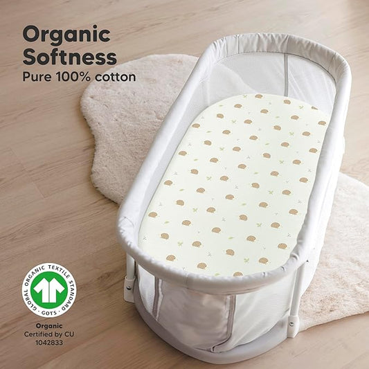2-Pack Organic Bassinet Sheets for Girls, Boys - 100% Cotton Bassinet Mattress Sheets Compatible with Halo Bassinest Swivel Sleeper, Graco, Baby Delight, Chicco, Fitted Bassinet Sheets (Nibble/Bruce)